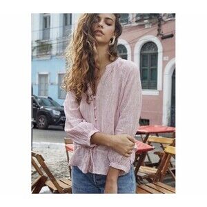 Rails red marti scarlet striped linen Blend Button Down blouse top Tie Waist